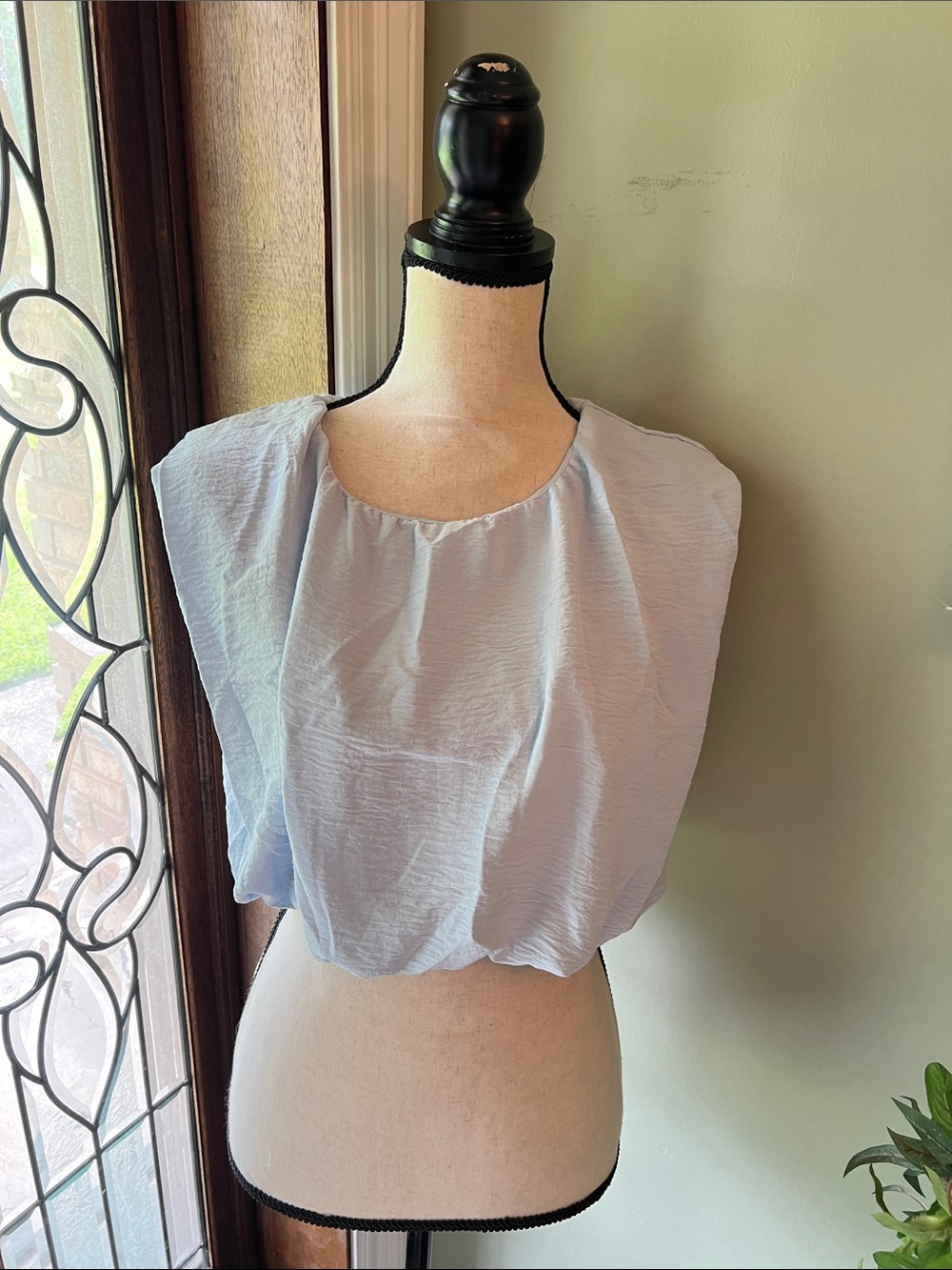Light Blue Gathered Neck Women's Blouse